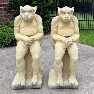 Vintage English Statues Garden Figures Gargoyles Seated Cast Stone Pair