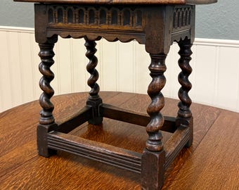 Antique English Footstool Bench Stool Joint Stool Barley Twist Carved Oak c.1900