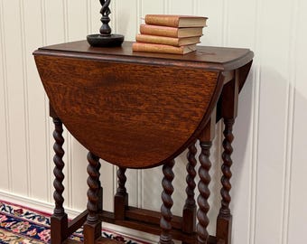 Antique English Petite Table Drop Leaf Gateleg Barley Twist Oak Oval c.1920-30s