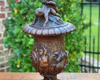 Antique French Urn Vase Planter Oak Cherubs Putti HIGHLY CARVED Hippocamp 19th C