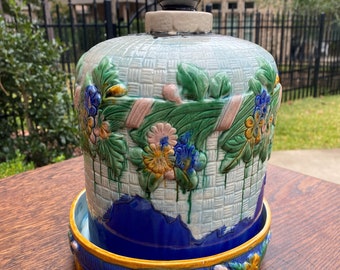 Vintage Majolica Cheese Bell Dome Dish Platter 2 PC Lidded Keeper