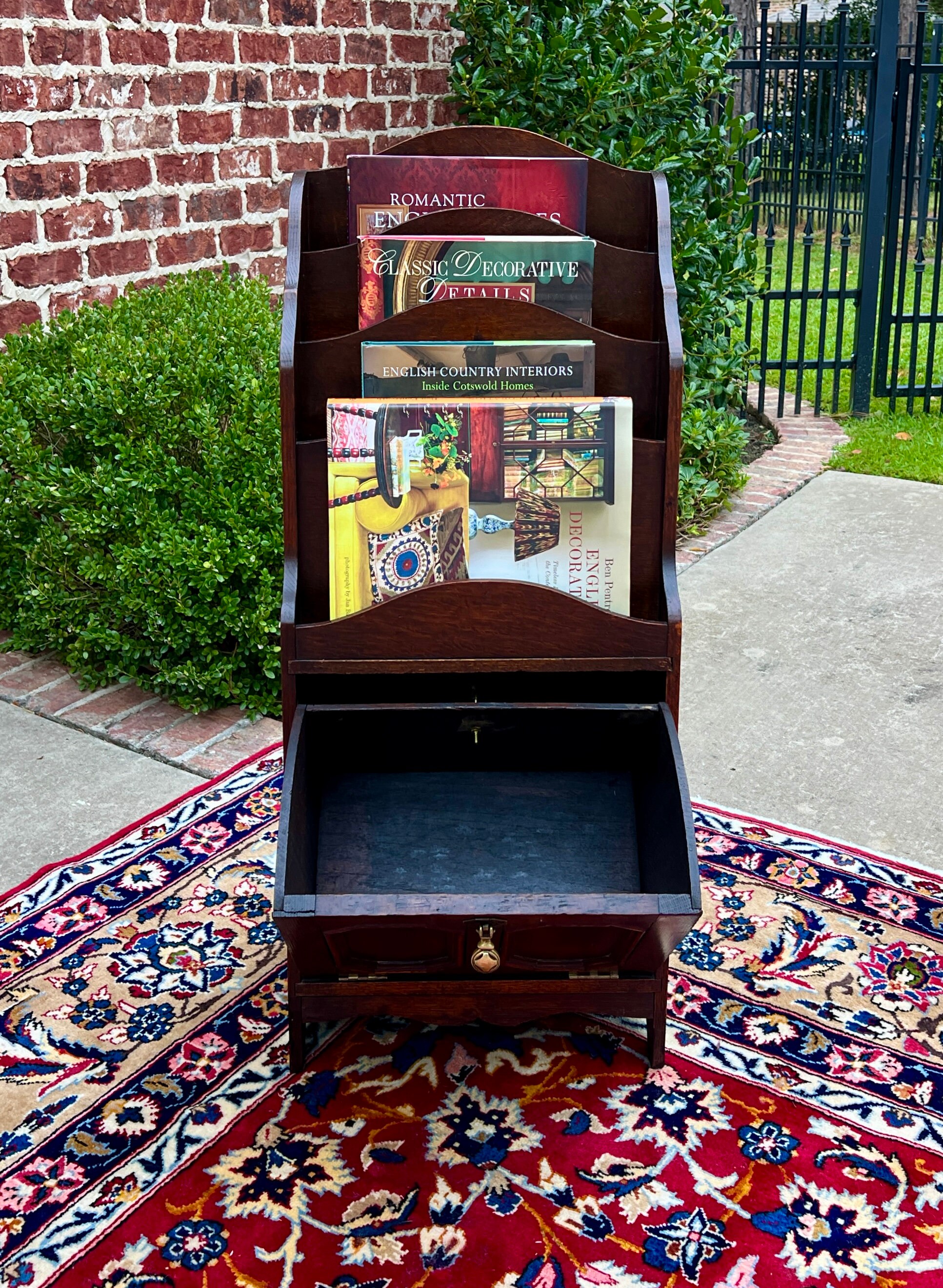 Antique English Book Magazine Rack Bookshelf Oak PETITE Storage Cabinet ...
