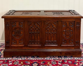 Antique French Neo Gothic Trunk Chest Blanket Box Storage Coffer Oak c. 1930-40s