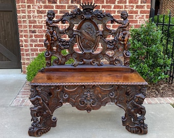 Antique French Bench Chair Settee Renaissance Revival Griffon Cherubs Walnut 19C