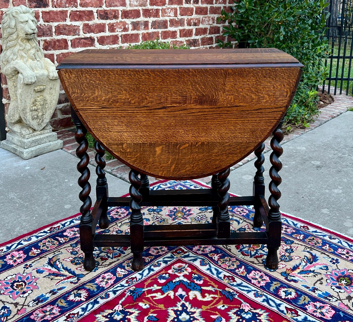 Antique English Table Drop Leaf Gateleg Barley Twist Oak Oval C. 1920 ...
