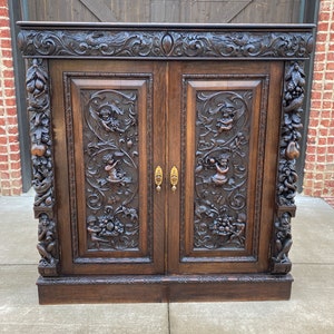Antique English Cabinet Chest Wardrobe Gothic Revival Oak Monkeys RARE c.1880s