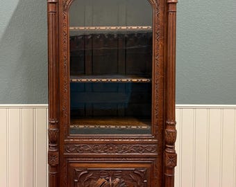 Antique French Renaissance Revival Scholars Bookcase Cabinet Carved Oak 19th C