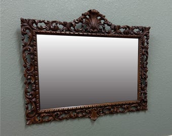 Antique French Mirror Framed Beveled LARGE Rectangular Oak Renaissance c. 1900