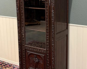 Antique French Breton Bookcase Armoire Linen Cab Wavy Glass Carved Chestnut 19th