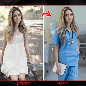 May include: A woman in a white dress is shown in the left side of the image. The right side of the image shows the same woman wearing a blue medical scrubs uniform with a stethoscope around her neck. The woman is holding a white tablet in her right hand.