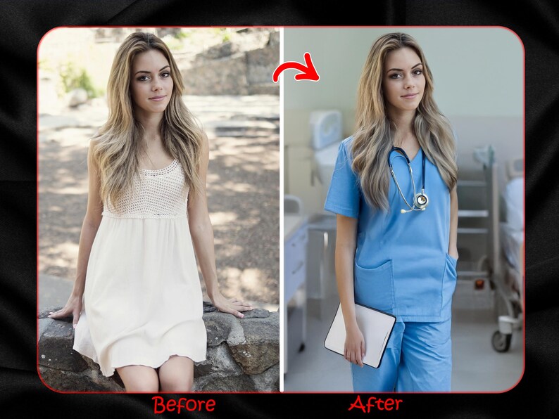 May include: A woman in a white dress is shown in the left side of the image. The right side of the image shows the same woman wearing a blue medical scrubs uniform with a stethoscope around her neck. The woman is holding a white tablet in her right hand.