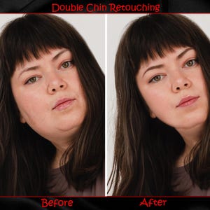 May include: Before and after photos showing the effects of double chin retouching. The image on the left shows a woman with a double chin. The image on the right shows the same woman with a more defined jawline.