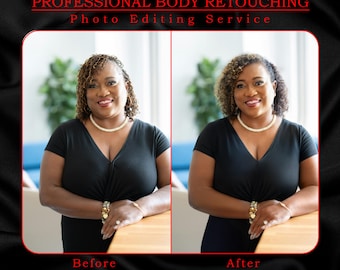 May include: Image showcasing a photo editing service, featuring a before-and-after comparison. The text at the top reads "PROFESSIONAL BODY RETOUCHING Photo Editing Service." The images show a woman in a black dress, with the "Before" image on the left and "After" on the right.