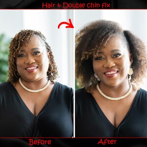 Puede incluir: Foto antes y despu&eacute;s de una persona con el pelo rizado. La persona en la foto de antes tiene papada. La persona en la foto de despu&eacute;s tiene una l&iacute;nea de la mand&iacute;bula m&aacute;s delgada. El texto "Hair & Double chin fix" est&aacute; en la parte superior de la imagen.