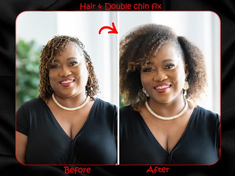 Puede incluir: Foto antes y despu&eacute;s de una persona con el pelo rizado. La persona en la foto de antes tiene papada. La persona en la foto de despu&eacute;s tiene una l&iacute;nea de la mand&iacute;bula m&aacute;s delgada. El texto "Hair & Double chin fix" est&aacute; en la parte superior de la imagen.