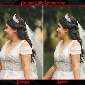 Puede incluir: Fotos antes y despu&eacute;s de una novia con un vestido de novia blanco, velo y tiara. La foto de la izquierda muestra a la novia con papada, mientras que la foto de la derecha muestra a la novia con la papada retocada.