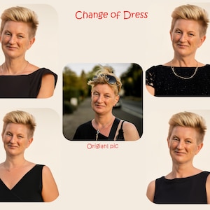 May include: A woman with short blonde hair is wearing a black dress in four different poses. The text "Change of Dress" is at the top of the image. The text "Original pic" is below a photo of the woman wearing a black dress and a black bag.