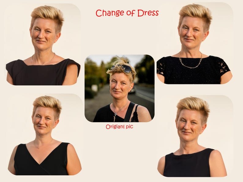 May include: A woman with short blonde hair is wearing a black dress in four different poses. The text "Change of Dress" is at the top of the image. The text "Original pic" is below a photo of the woman wearing a black dress and a black bag.