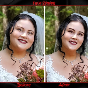 Puede incluir: Foto antes y despu&eacute;s que muestra la edici&oacute;n de fotos para adelgazar el rostro. Una mujer con un vestido de novia blanco y velo sonr&iacute;e a la c&aacute;mara. La foto de la izquierda muestra su rostro antes de la edici&oacute;n, y la foto de la derecha muestra su rostro despu&eacute;s de la edici&oacute;n.