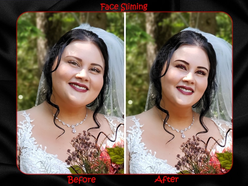 Puede incluir: Foto antes y despu&eacute;s que muestra la edici&oacute;n de fotos para adelgazar el rostro. Una mujer con un vestido de novia blanco y velo sonr&iacute;e a la c&aacute;mara. La foto de la izquierda muestra su rostro antes de la edici&oacute;n, y la foto de la derecha muestra su rostro despu&eacute;s de la edici&oacute;n.