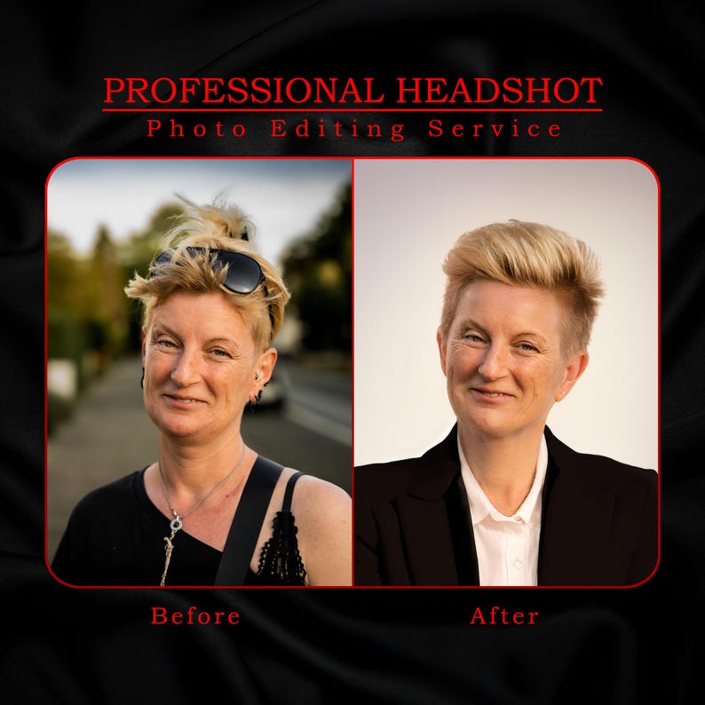 May include: Before and after photo showing professional headshot photo editing services. The before photo shows a person with messy hair and a casual outfit. The after photo shows the same person with their hair styled, wearing a blazer and a white shirt, and looking more professional.
