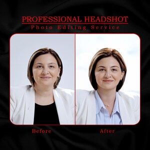 May include: Before and after professional headshot photo editing service. The image shows a woman in a white blazer. The before image shows the woman with a more natural look. The after image shows the woman with retouched skin and hair.