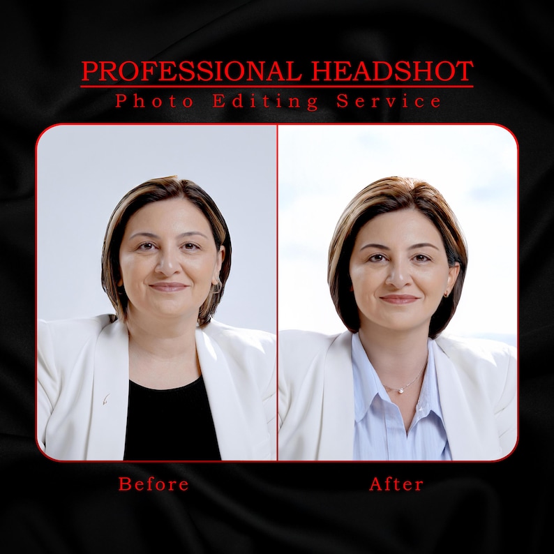 May include: Before and after professional headshot photo editing service. The image shows a woman in a white blazer. The before image shows the woman with a more natural look. The after image shows the woman with retouched skin and hair.