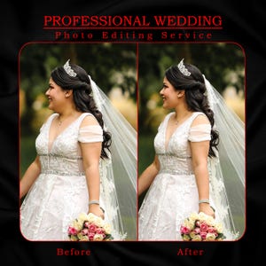 Retouche photo de mariage - Retouche de la pose de la mariée - Amincissement du corps du mariage - Contour des bras et du menton - Correction de l'éclairage - Retouche d'image couleur - Service Photoshop