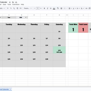 May include: A spreadsheet with a calendar for February 2023. The calendar is used to track trading wins and losses. The spreadsheet shows a total of 1 win and 1 loss, with a profit of $800.00 and a win rate of 50%.