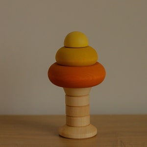 Oak tree stacking toy. autumn tree. Wooden pyramid toy. Wooden ring stacker. image 1