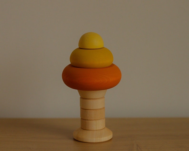 Oak tree stacking toy. autumn tree. Wooden pyramid toy. Wooden ring stacker. image 1