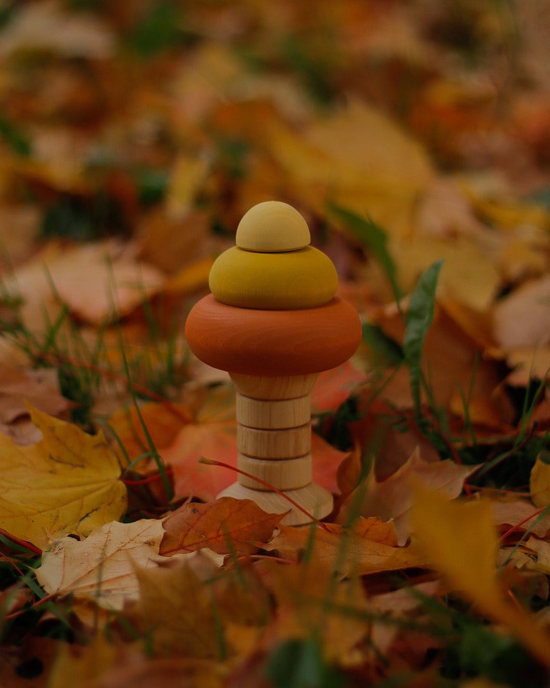 Oak tree stacking toy. autumn tree. Wooden pyramid toy. Wooden ring stacker. image 3