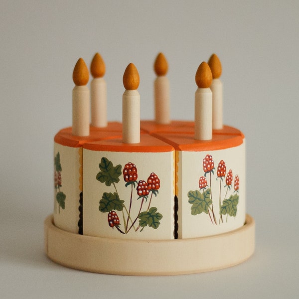 Wooden Birthday Cake. Wooden cake with candles. Wooden Food. Hand painted Cloudberry Cake. Play Kitchen. Play Food.