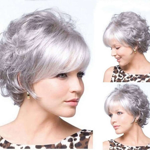 Gray and White Short Curly Hair Wig Side-Swept Bangs