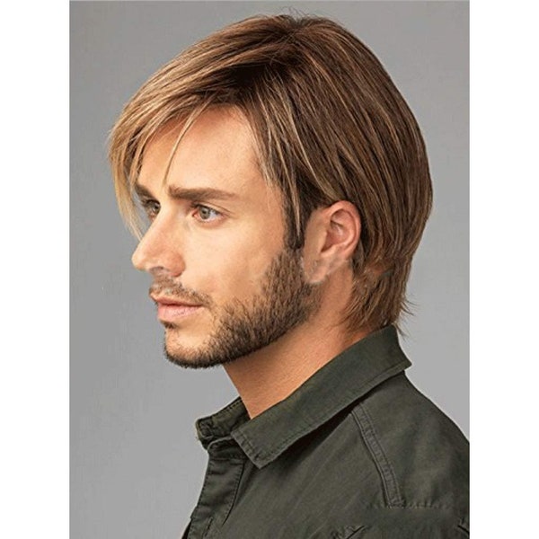Ombre Brown Remy Straight Short with Blonde Highlights Mens Hair Wig