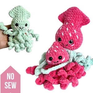 May include: Two crocheted octopus plushies, one green and one pink. The pink octopus is holding a smaller pink octopus. The plushies have large eyes and a smiling expression. The text "NO SEW" is visible in the image.