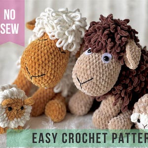 May include: Several handmade crochet sheep toys in different sizes. The sheep have fluffy white and brown wool-like textures, with tan faces and black stitched details. The image includes the text "NO SEW" and "EASY CROCHET PATTERN".