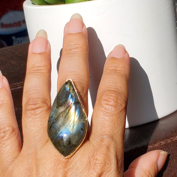 Labradorite Ring | Bohemia Style Natural Gemstone Ring | Labradorite Ring Large Jewelry | Sterling Silver Labradorite Adjustable Ring