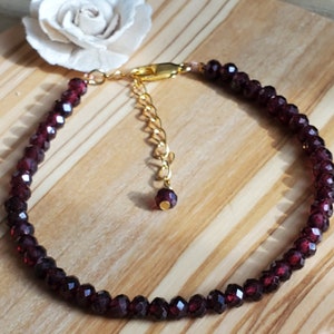 Dainty Garnet Bracelet | Garnet Gold Bangle Limited Edition Sparkle Elegant  | Timeless Charm: Deep Red Garnet Bracelet with Gold Extension