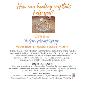 May include: Citrine crystal bracelet with gold accents on a wooden surface. The text "Citrine The Stone of Mental Stability" is written below the image. The text "Abundance | Emotional Balance | Vitality" is written below the text "Citrine The Stone of Mental Stability".