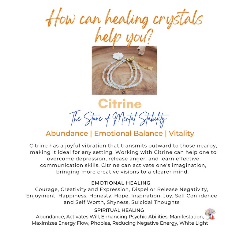 May include: Citrine crystal bracelet with gold accents on a wooden surface. The text "Citrine The Stone of Mental Stability" is written below the image. The text "Abundance | Emotional Balance | Vitality" is written below the text "Citrine The Stone of Mental Stability".