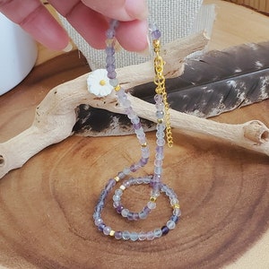 Fluorite Beaded Choker Necklace with Gold Beads | Beaded Necklace Healing Gemstone Gift for Women | Choker-Style Stone Beaded Necklace