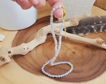 Blue Lace Agate Choker Necklace 4mm – Adjustable Gold Crystal for Calm & Communication