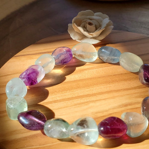 Unique Rainbow Fluorite Gemstone Bracelet | Multi Color Stone Bracelet | Fluorite Crystal Jewelry Tumbled Nugget Bracelet | Holistic Jewelry