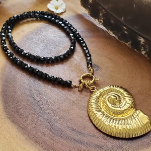 Black Tourmaline Necklace Cube Beads Black Tourmaline Choker Necklace with Boho Spiral Conch Shell Pendant Gold Plated Gift For Her