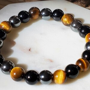 Triple Protection Crystal Bracelet - Protective Stones -Tiger&#39;s Eye, Black Obsidian, Hematite 8mm Crystal Guardian - Balance bracelet