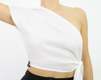 Onne One-Shoulder Top, White Linen Summer Top, Yoga Meditation Crop Top, Sleeveless Linen Top, Minimalist Top