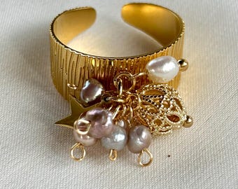 Bague imposante ornée de perles d'eau douce / Boule traditionnelle croate / Perles roses / Bague plaquée or / Bague ajustable