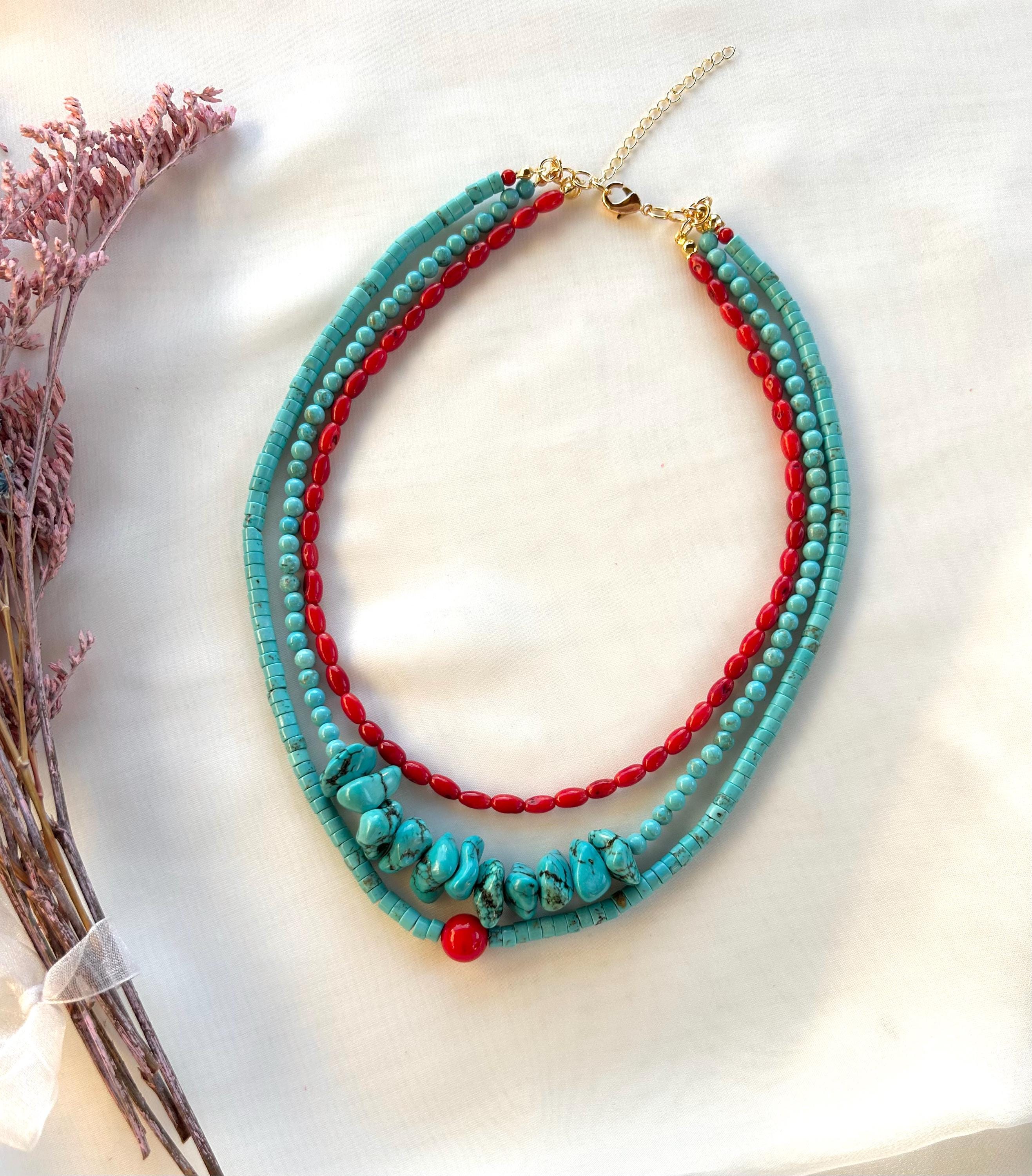 Collier Ethnique Multirang Perles De Corail - Ancien - Bon état - Style Bohème