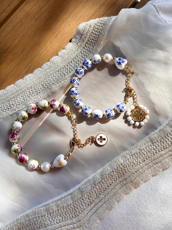 Rosary Bracelet/floral Bracelet/ceramic Porcelain Bracelet